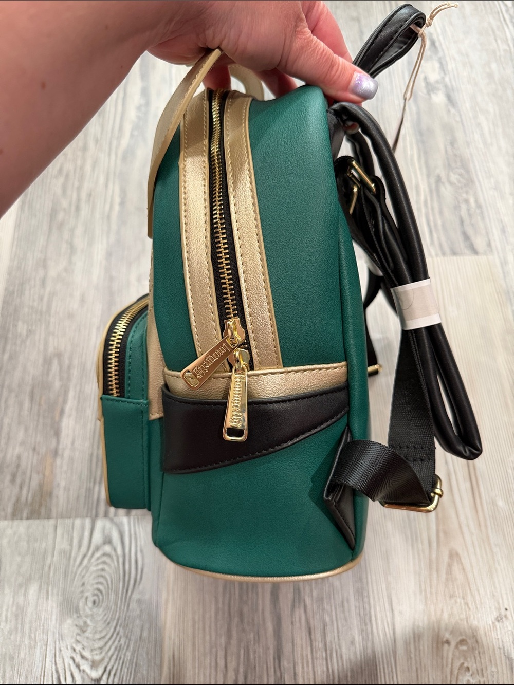 NWT Loungefly Marvel Loki Helmet Mini Backpack in Metallic Gold, Green & Black - Picture 10 of 11